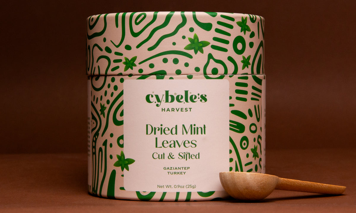 Turkish dried mint leaves in a kraft paper jar — Cybele's Harvest